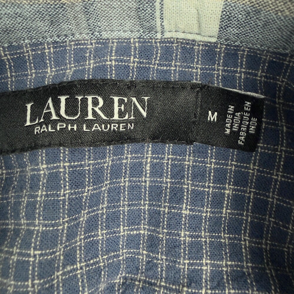 LAUREN RALPH LAUREN Patchwork Plaid Shirt Cotton Linen Button Front Blue Size M - Picture 4 of 13